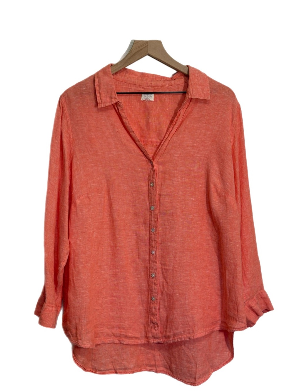 SIGRID OLSEN 100% Linen XL Coral-Orange Button-Down Shirt Lagenlook